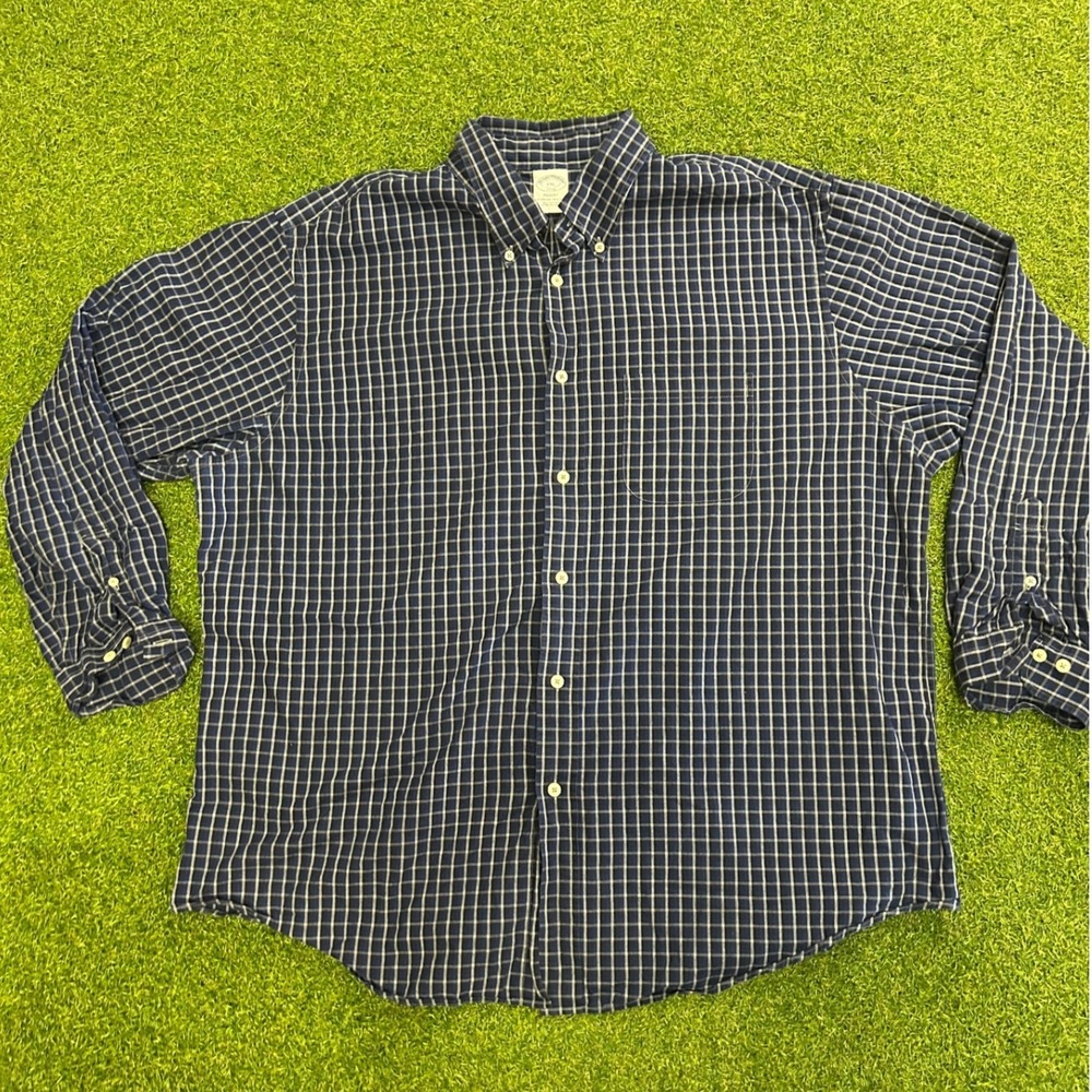 Brooks Brothers Regent XXL Mens Navy Blue White Grid Check Cotton Shirt